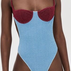 Oseree Two-Tone Shimmer One-Piece Swimsuit in Sky Blue and Burgundy